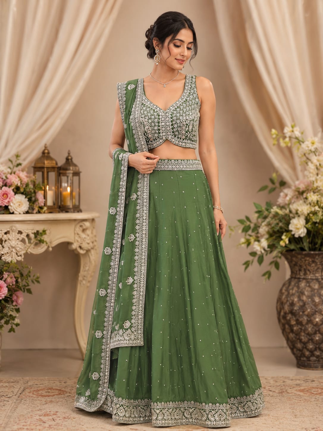 Sage Green Designer Lehenga with Embroidered Backless Blouse – Bridal & Festive Wear