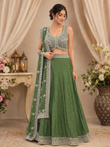 Sage Green Designer Lehenga with Embroidered Backless Blouse – Bridal & Festive Wear