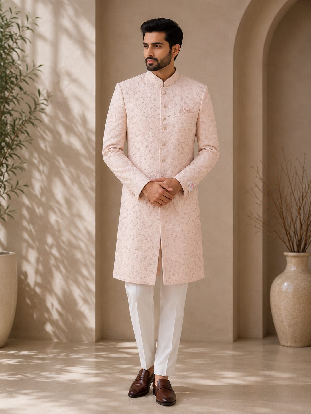 Elegant Blush Pink Embroidered Sherwani for Men