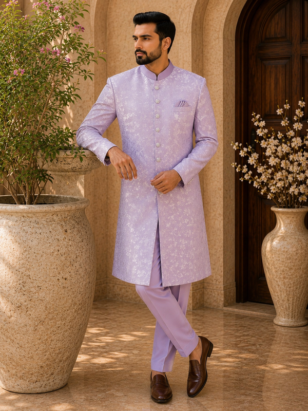 Regal Lavender Floral Brocade Sherwani Set