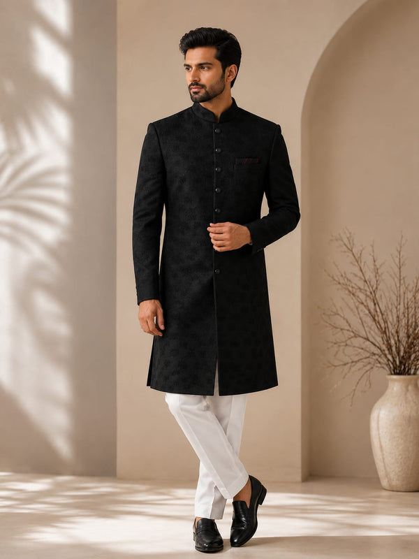 Classic Black Textured Sherwani for Men