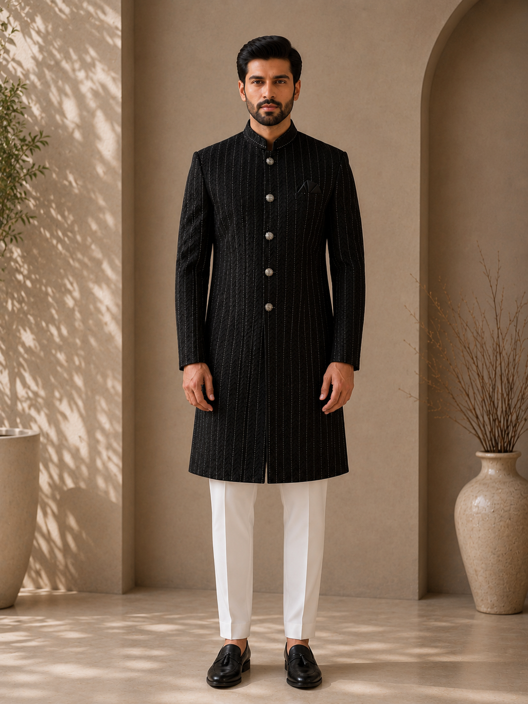 Midnight Black Textured Sherwani for Men