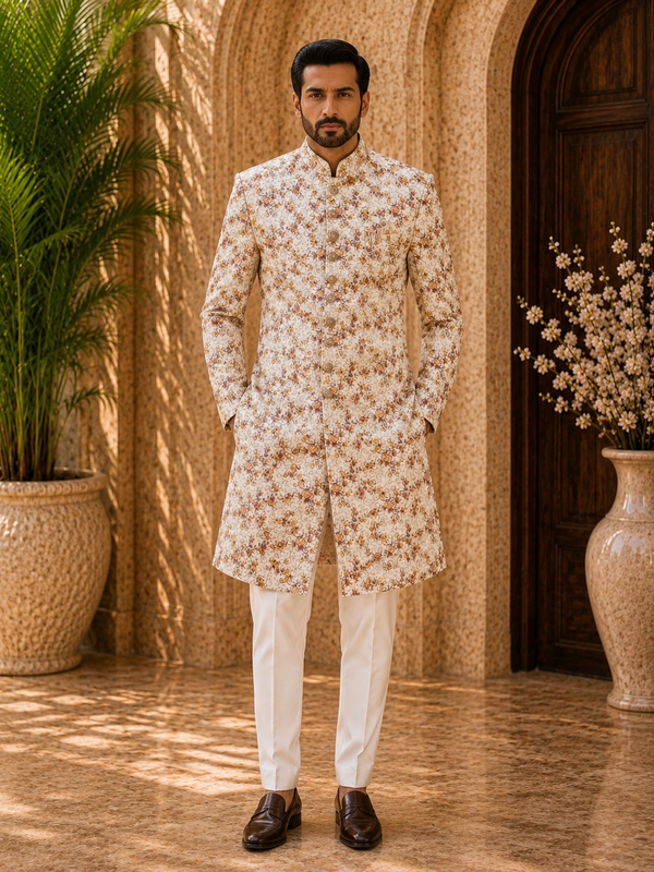 Ivory Floral Printed Indo-Western Sherwani Set for Men