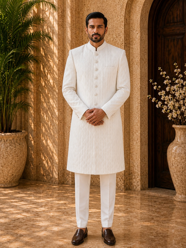 Classic Ivory Textured Indo-Western Sherwani Set for Men