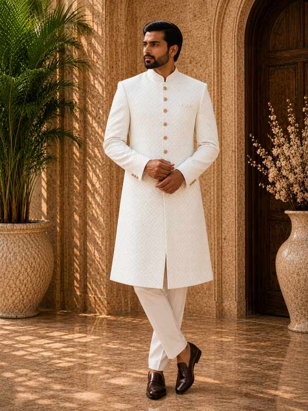 Classic Ivory Geometric Textured Indo-Western Sherwani Set for Men