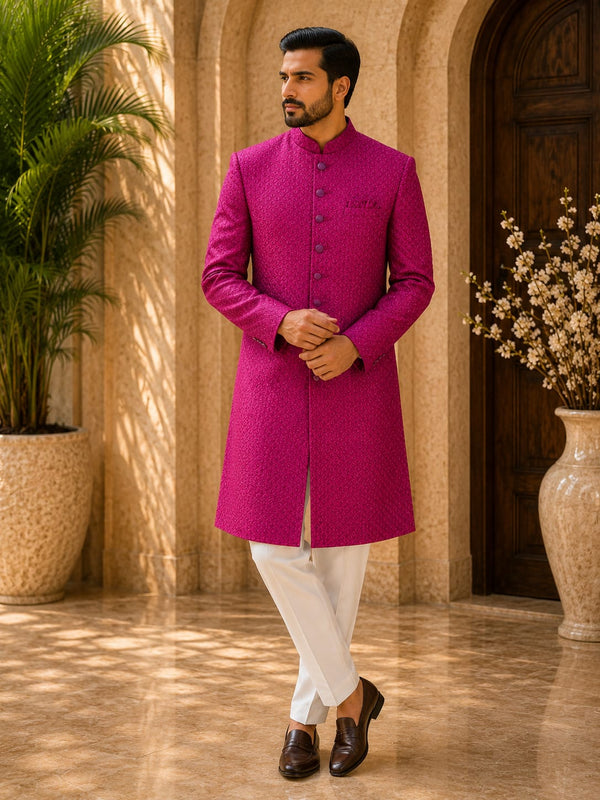 Royal Fuchsia Pink Textured Sherwani Set for Men