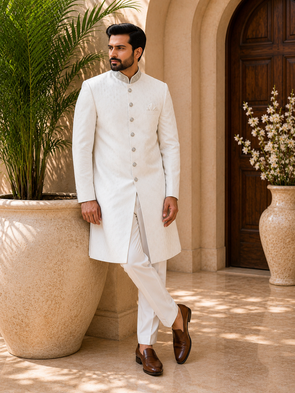 Elegant Ivory White Textured Sherwani for Men