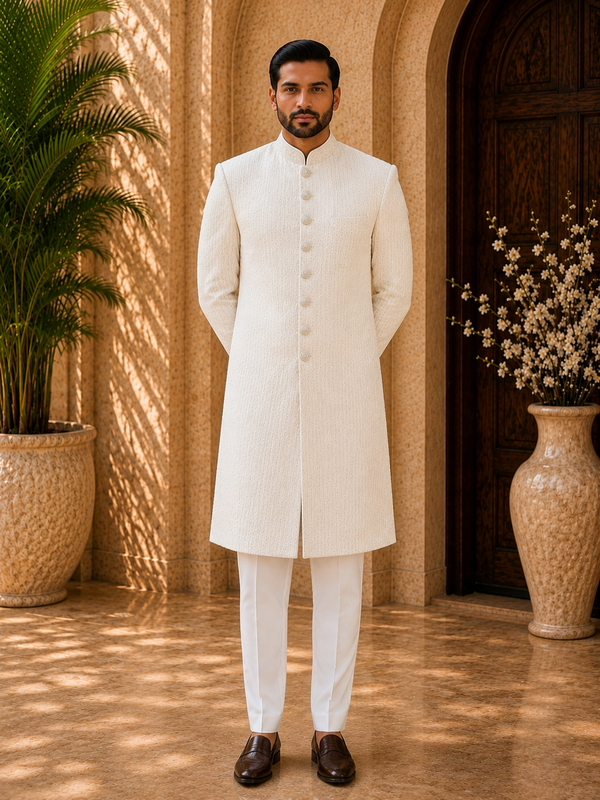 Regal Ivory Textured Sherwani Set for Men