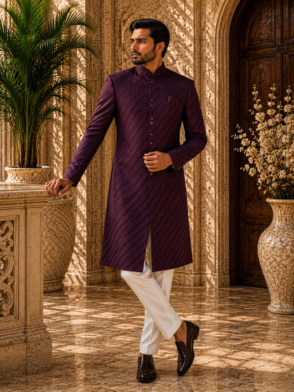 Royal Wine Jacquard Indo-Western Sherwani Set for Men