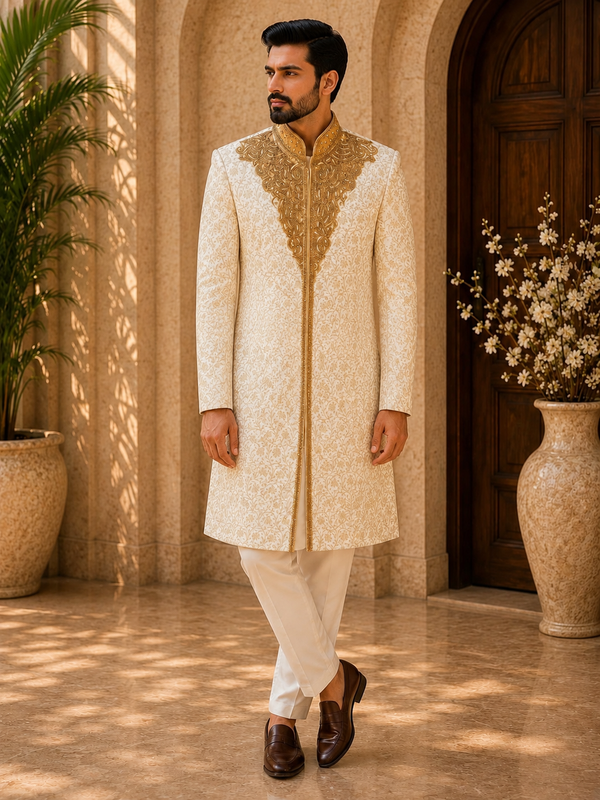Royal Ivory & Antique Gold Embroidered Sherwani Set
