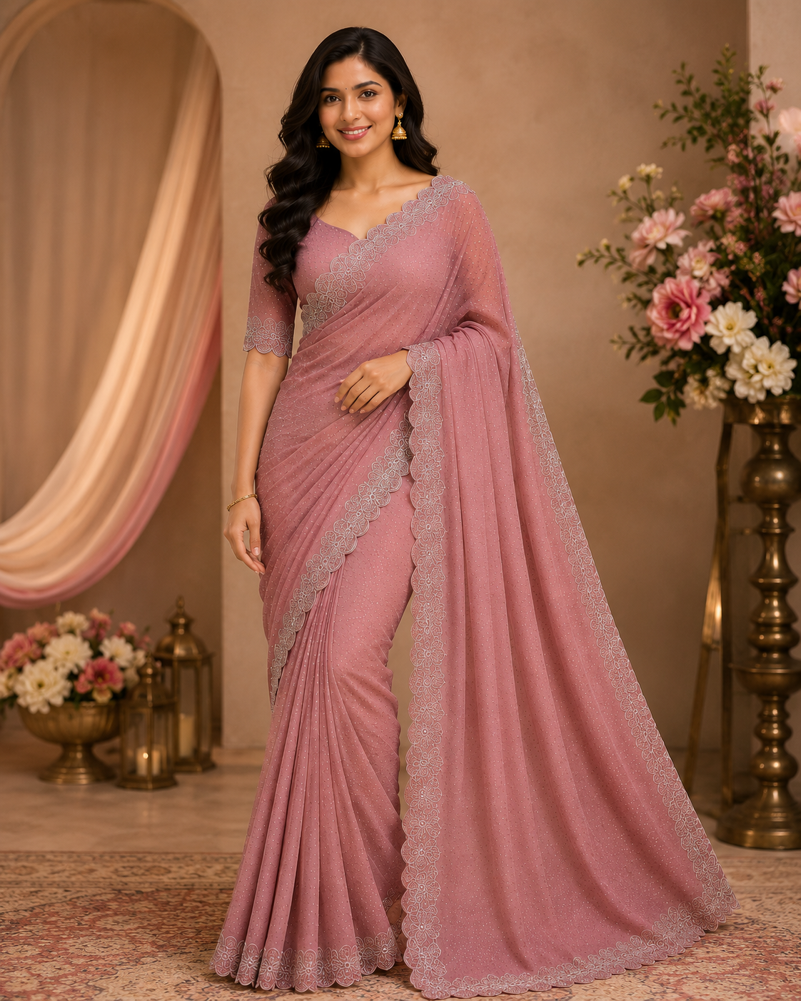 Elegant Dull Pink Designer Saree with Delicate Silver Embellished Border