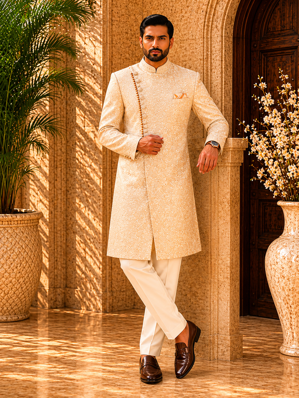 Ivory Gold Embroidered Indo-Western Sherwani Set for Men