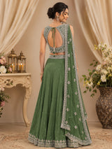 Sage Green Designer Lehenga with Embroidered Backless Blouse – Bridal & Festive Wear