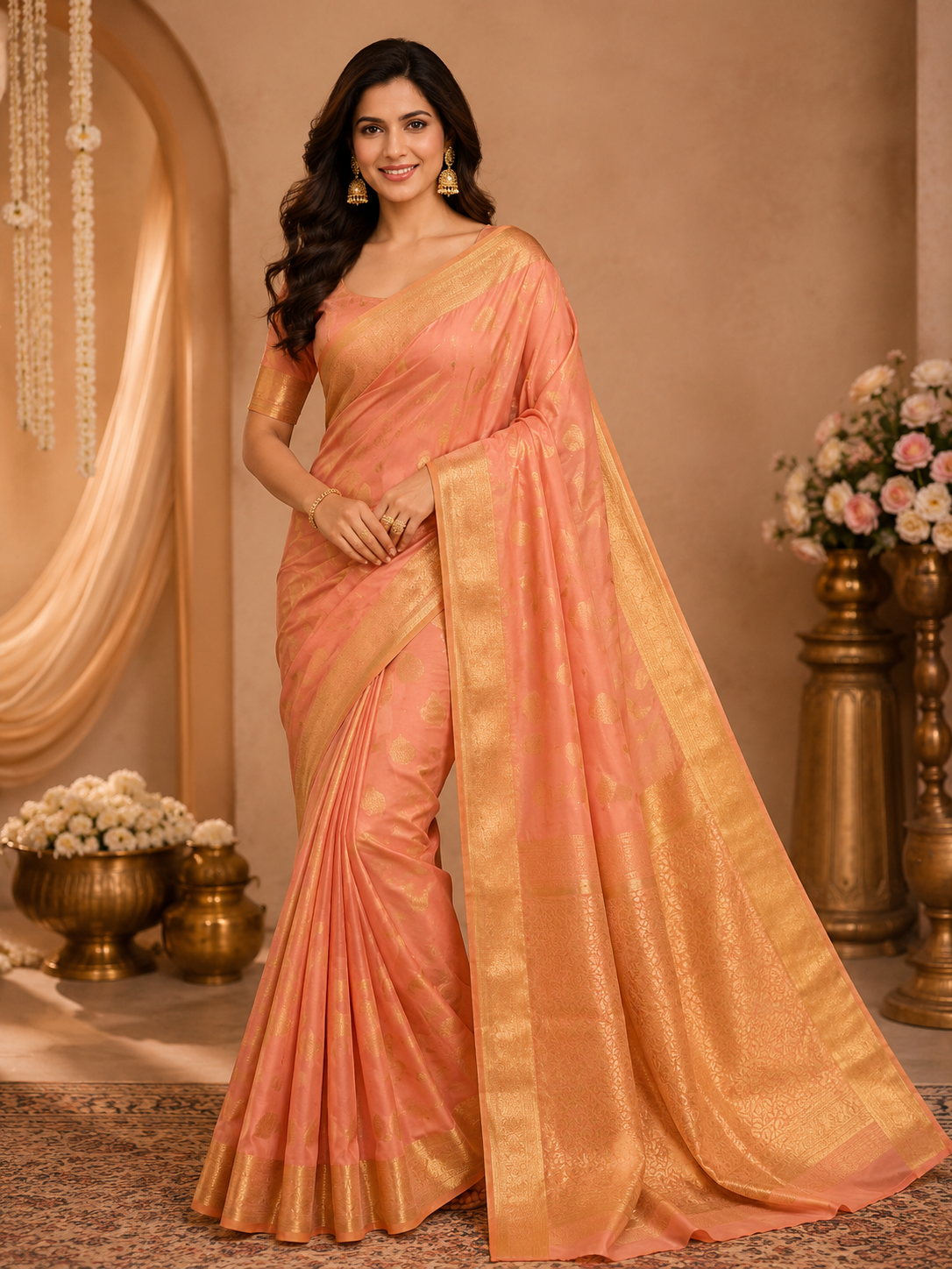 Rose Gold Pink Banarasi Silk Saree with Rich Zari Woven Pallu