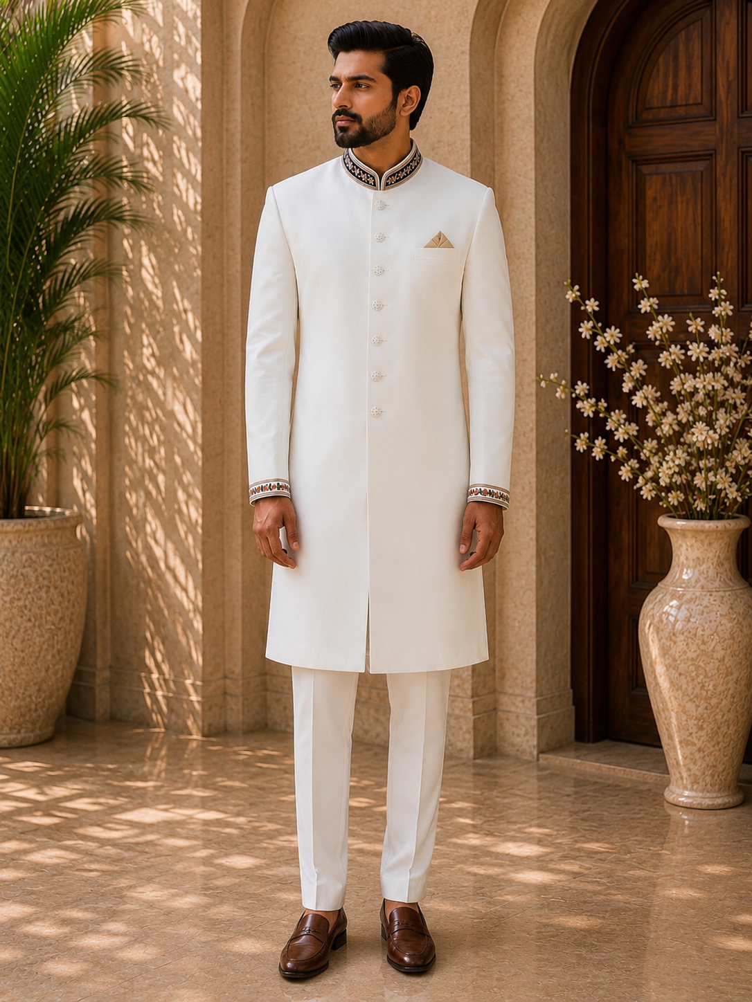 Classic Ivory White Sherwaniwith Embroidered Collar Detail for Men