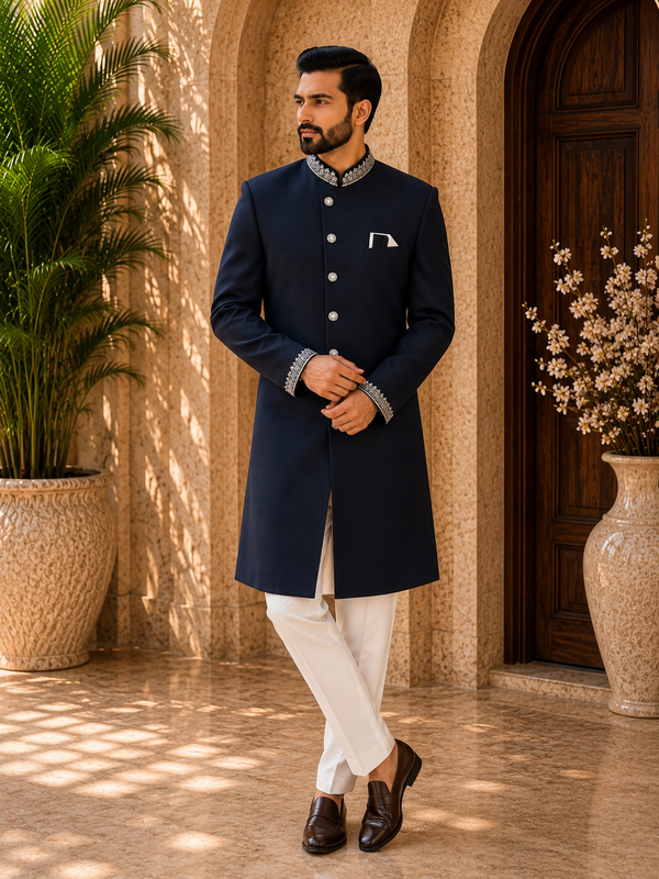 Regal Navy Blue Embroidered Sherwani Set for Men