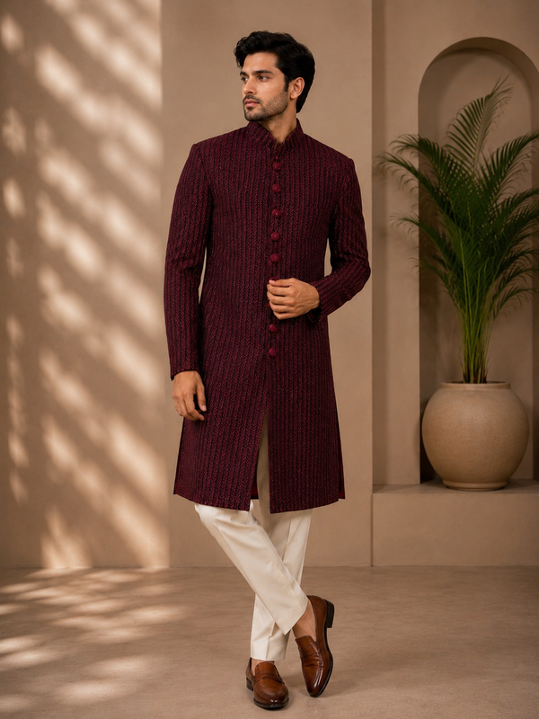 Royal Maroon Textured Sherwani for Men