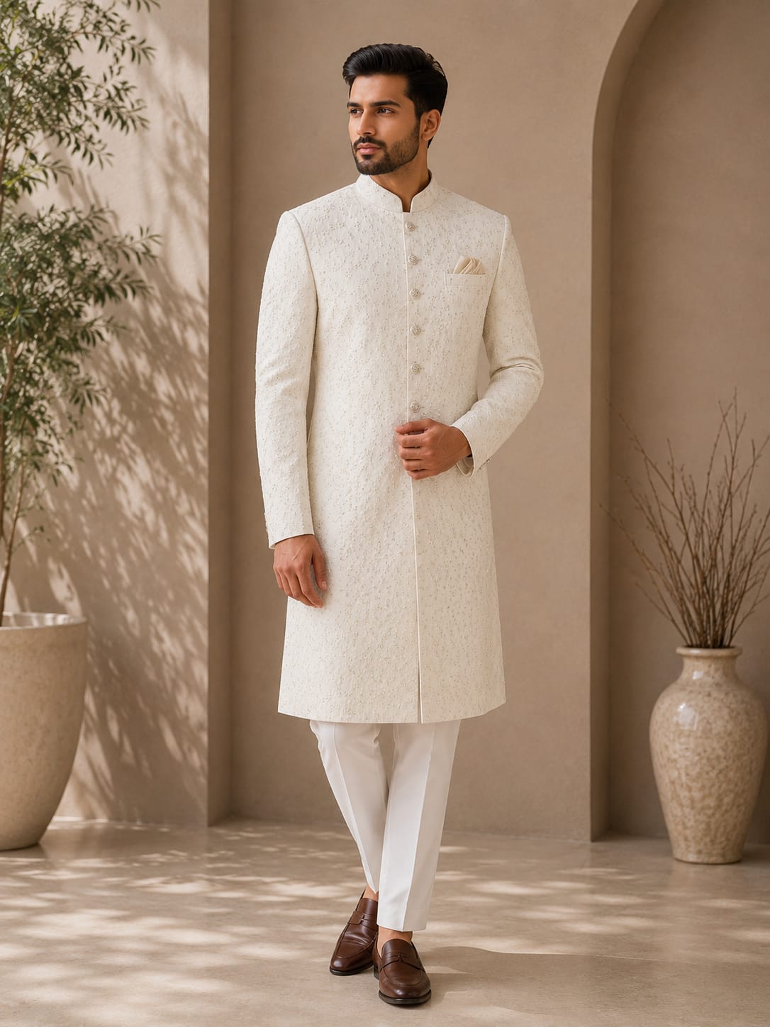 Classic Ivory Textured Sherwani for Men