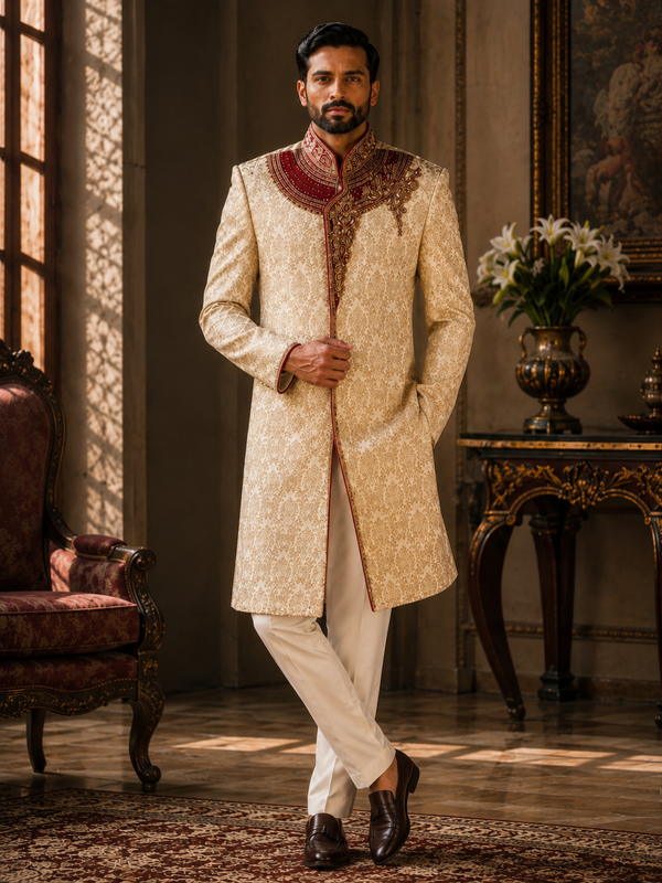 Royal Ivory Brocade Sherwani Set with Maroon Embroidered Collar for Men