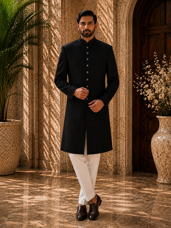 Classic Black Textured Indo-Western Sherwani Set for Men