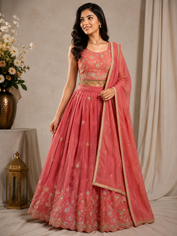Coral Pink Embroidered Lehenga Choli Set with Dupatta