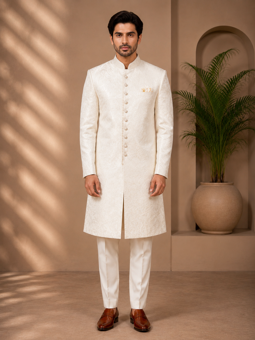 Elegant Ivory Jacquard Sherwani for Men
