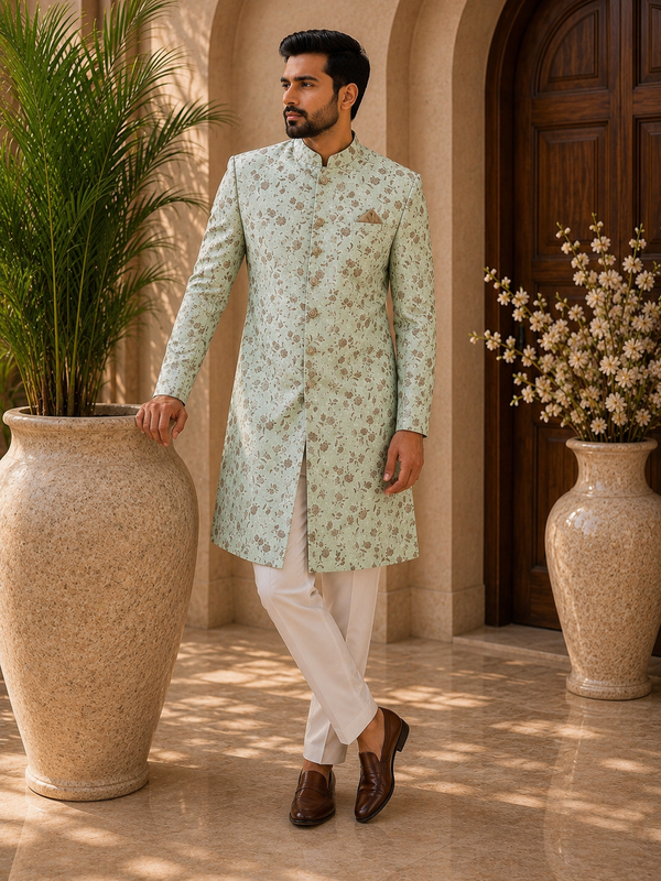 Mint Green Floral Brocade Sherwani with Elegant Metallic Detailing  for Men