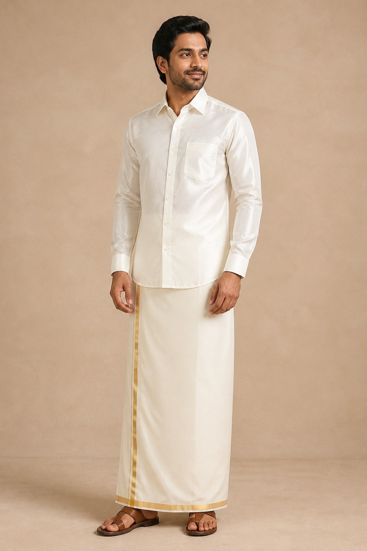 Tattva cream silk shirt for men, worn with a cream gold-bordered veshti, full length front view on model