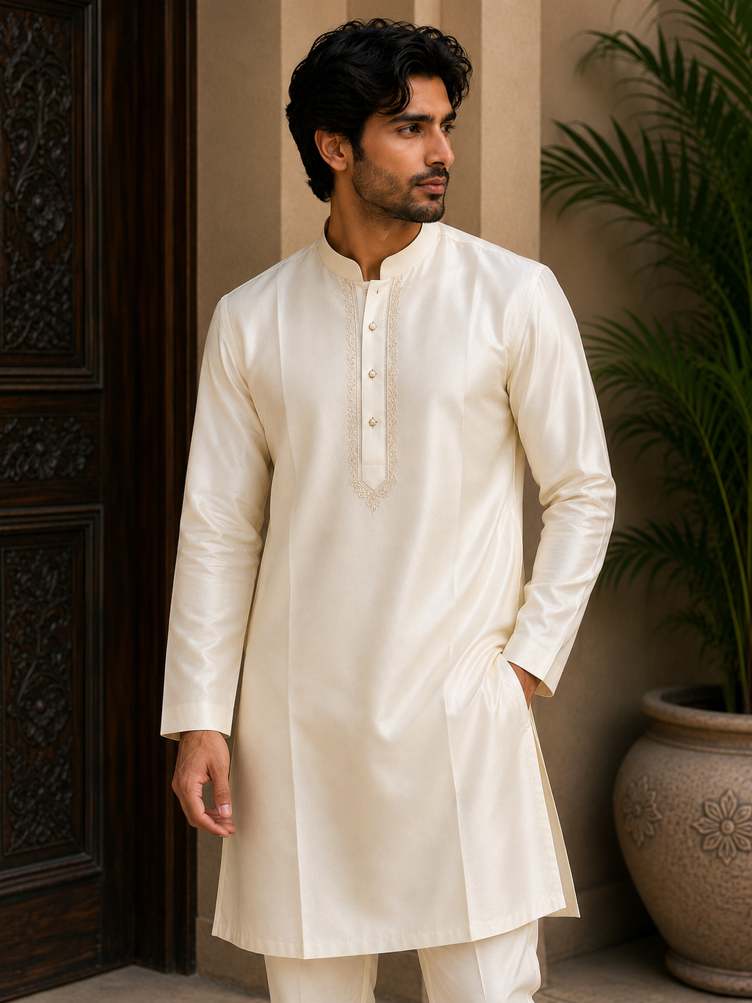 Tattva National Kurta in cream silk with a tonal embroidered placket, front view on model
