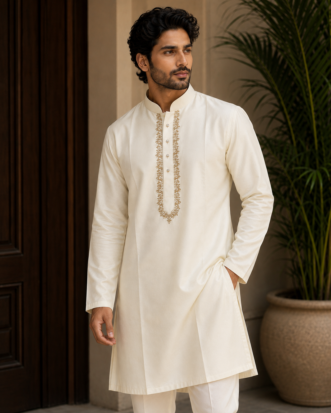 Tattva Emboss Kurta in ivory polyester silk with a gold embroidered placket, front view on model
