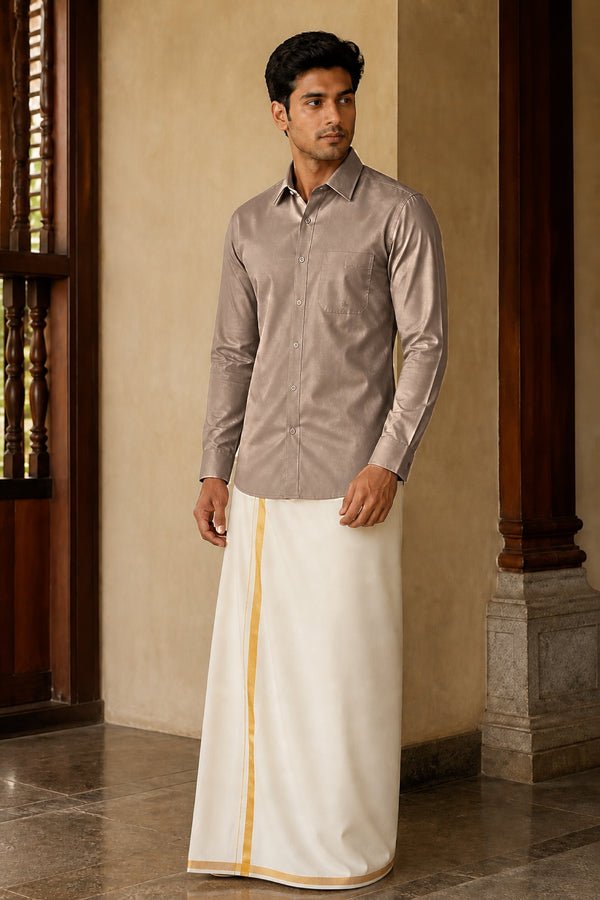 Tattva Shirt - Slim Fit in Taupe, polyester silk, full length front view on model
