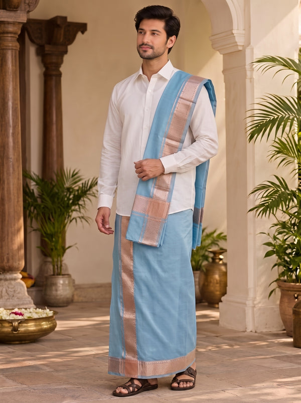 Baby Blue with Pink Border Unstitched Vastee + Salva Set
