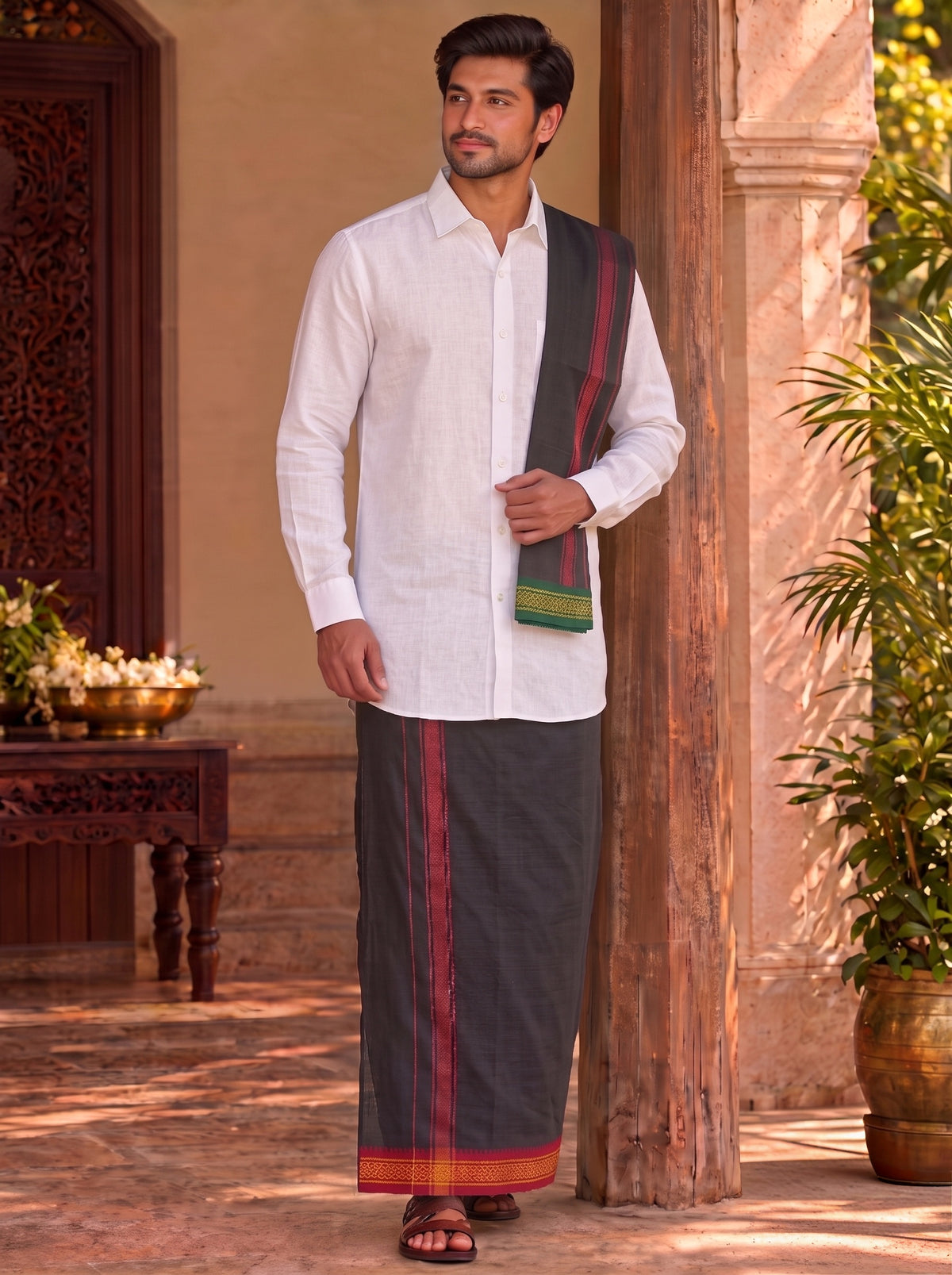 Black with Green, Red and Gold Border Unstitched Vastee + Salva Set