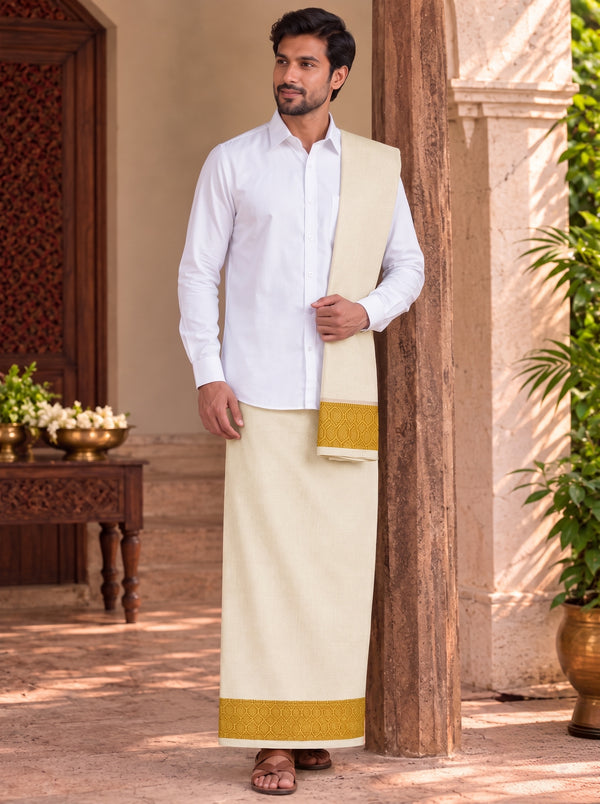 Cream with Gold Woven Border Unstitched Vastee + Salva Set