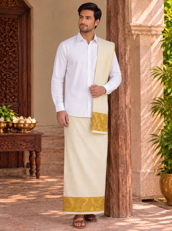 Cream with Small Elephant Gold Border Unstitched Vastee + Salva Set