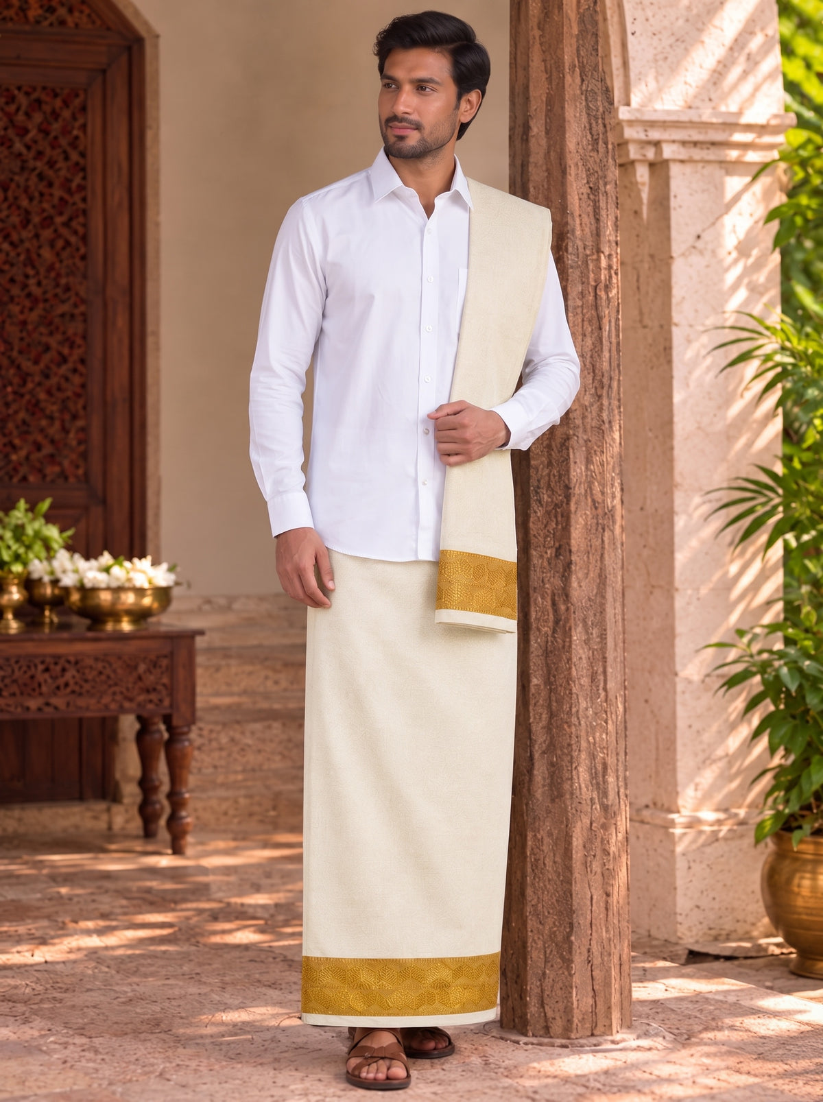 Cream with Wide Gold Border Unstitched Vastee + Salva Set