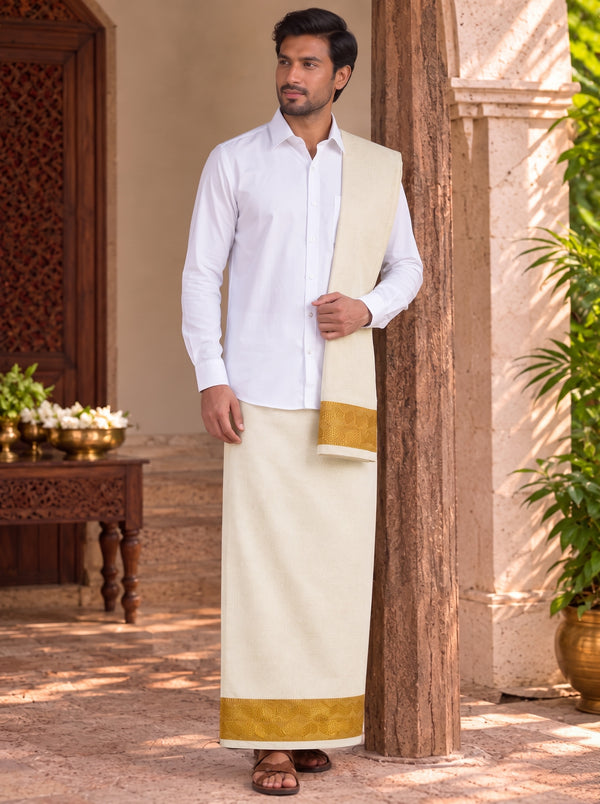 Cream with Wide Gold Border Unstitched Vastee + Salva Set