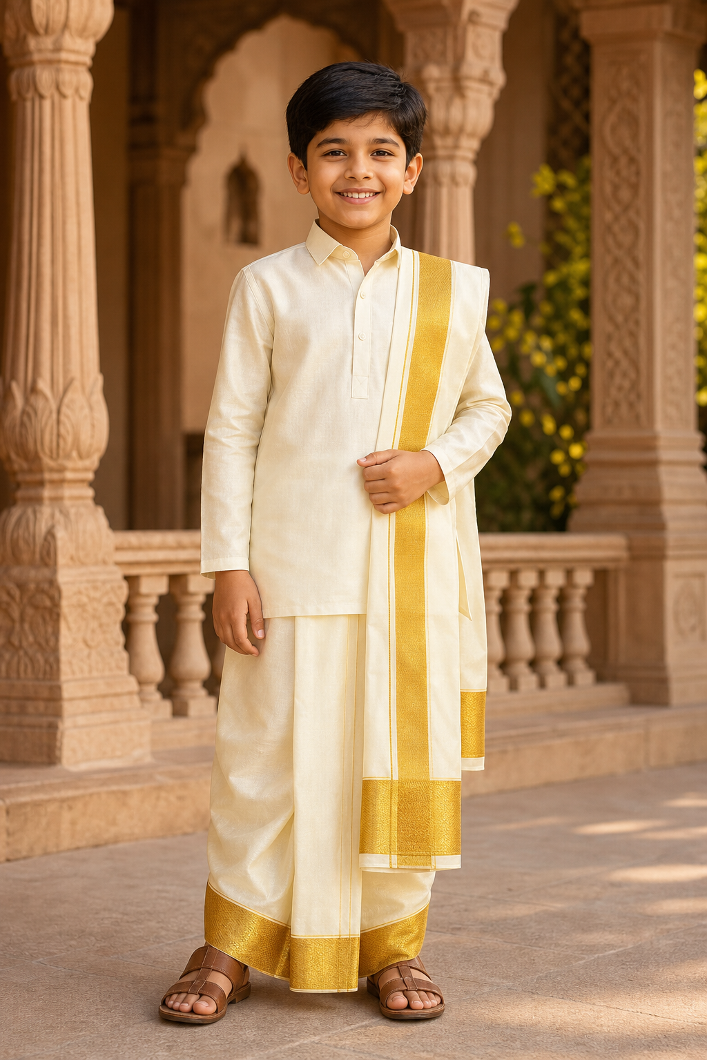 White and gold zari kids vastee worn by a boy