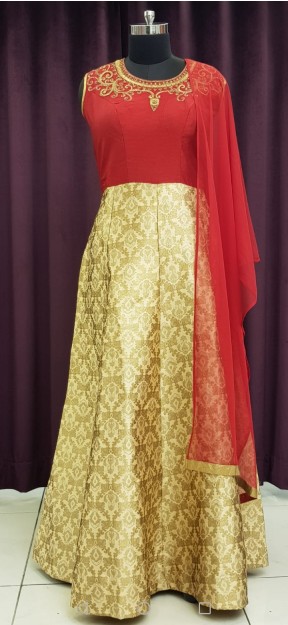 Golden Cream & Red Art Silk Gown With Embroidery