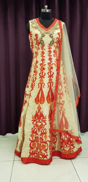 Cream & Red Gown With Embroidery