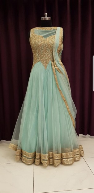 Sea Green & Gold Art Silk Gown With Embroidery