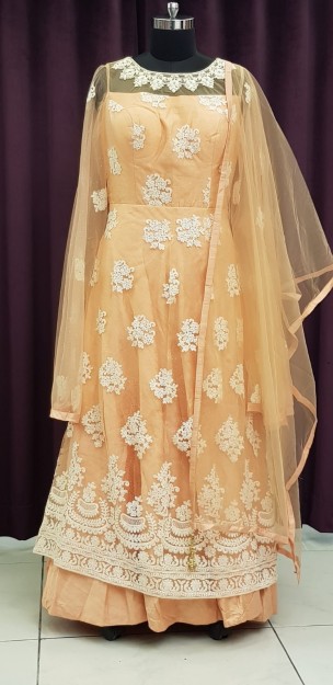 Dark Cream With Gold Net Art Silk Gown With Embroidery