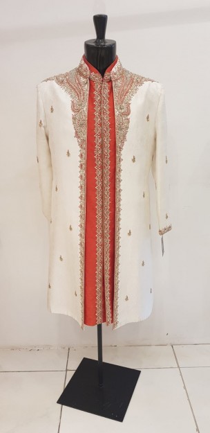 Cream & Red Embroidered Banarasi Silk Brocade Sherwani