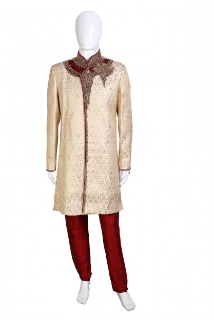 Cream & Red Raw Silk With Embroydary & Antique Buttons Designer Sherwani