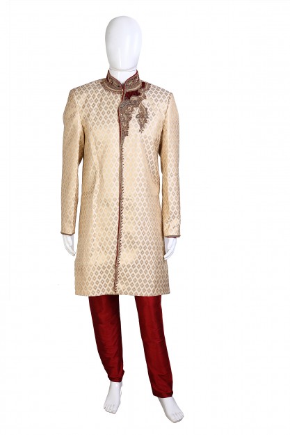 Cream & Red Raw Silk With Embroydary & Antique Buttons Wedding Wear Sherwani