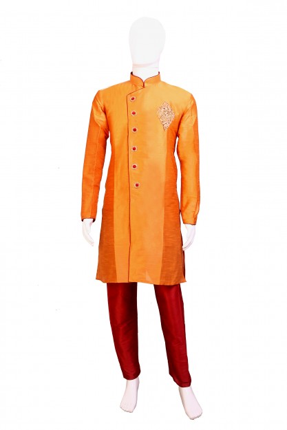Orange & Maroon Raw Silk With Embroydary & Antique Buttons Kurta Pyjama