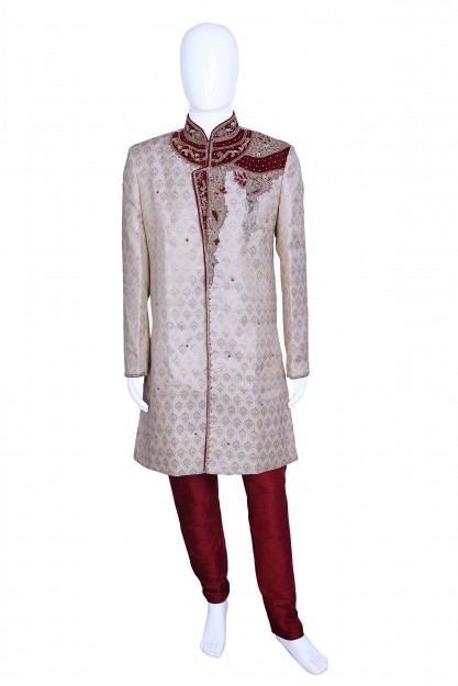 Cream & Red Raw Silk With Embroydary Wedding Wear Sherwani