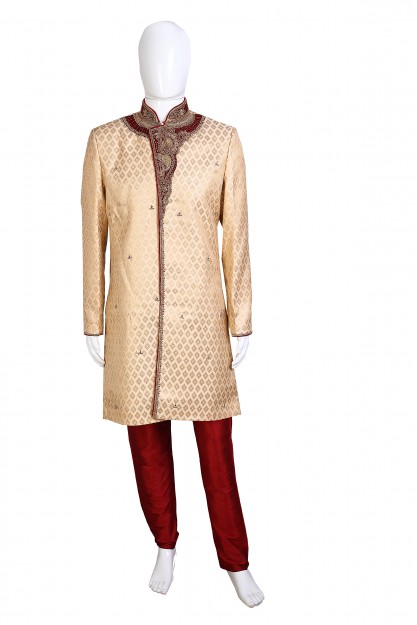 Designer Cream & Red Raw Silk With Embroydary & Antique Buttons Party Wear Sherwani