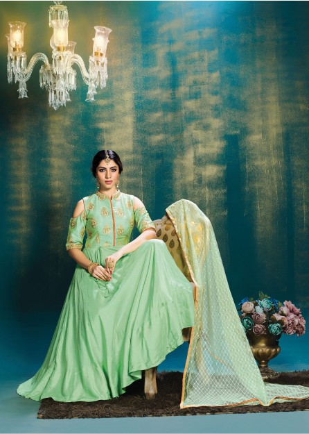 Light Green High Neck Cotton Silk Anarkali With Net Duppata