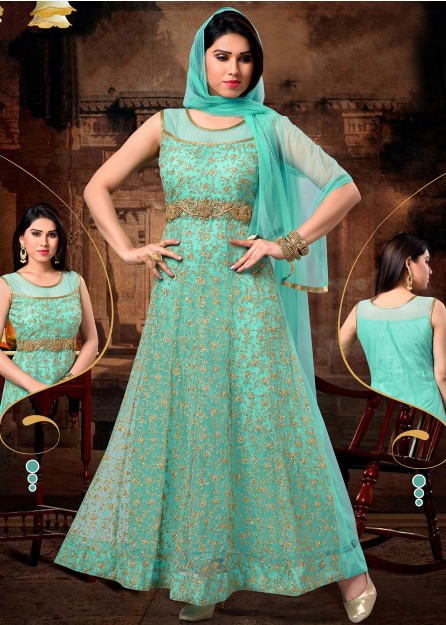 Sea Green Embroidered Silk Anarkali with Net Duppata